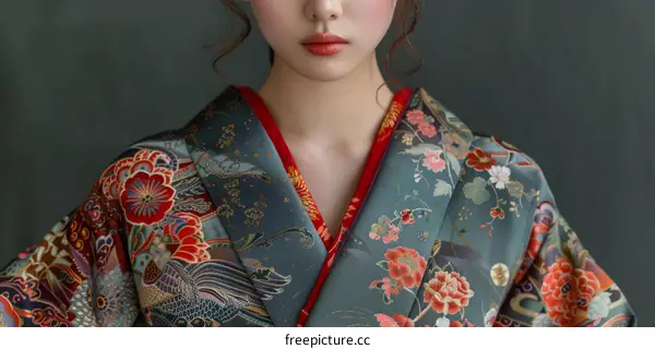 Close up of woman wearing kimono with floral pattern