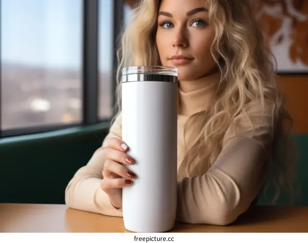 Blonde woman holding a white travel mug
