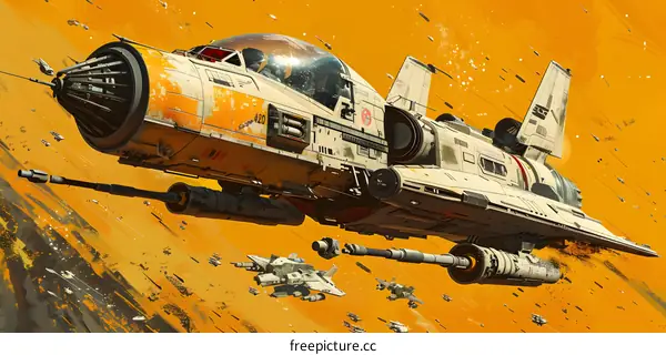 spaceship flies in space with other small spaceships around it