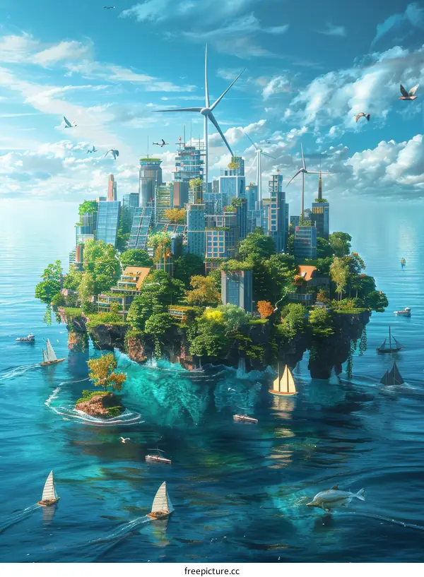 Floating city with futuristic buildings and green spaces