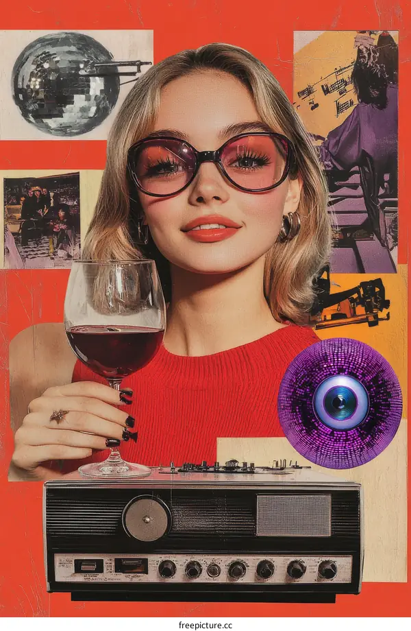 Retro Collage of a Woman with a Vintage Radio and Wine