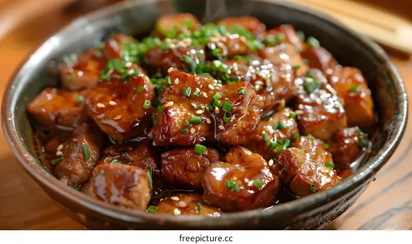 A bowl of diced beef with sesame seeds