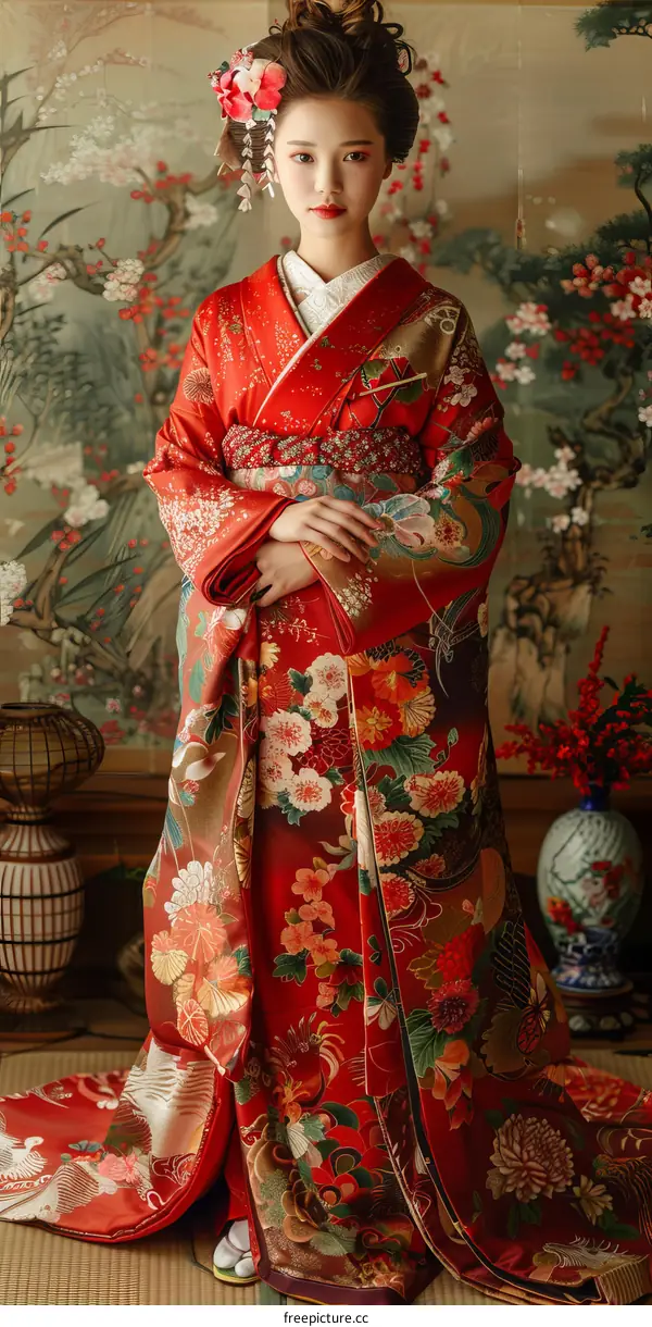 A woman wearing a red kimono with floral patterns