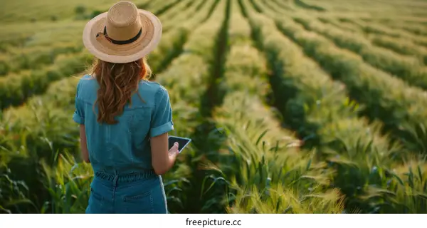 Female farmer using digital tablet in the middle of a wheat field