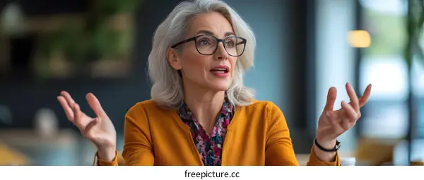 Senior Woman with Grey Hair Talking and Gesturing