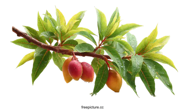 [Transparent Background PNG]Fresh Peach Branch with Dew Drops