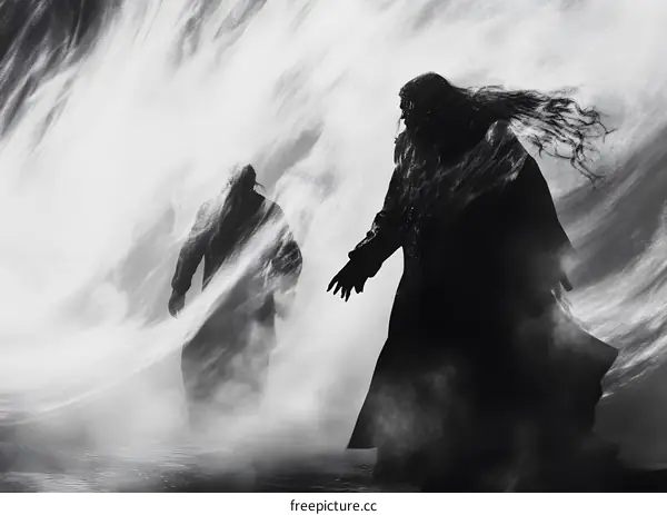 Two Figures Walking Through Foggy Mist