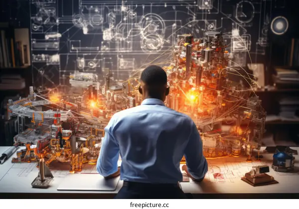 Black engineer working on a project with a futuristic interface