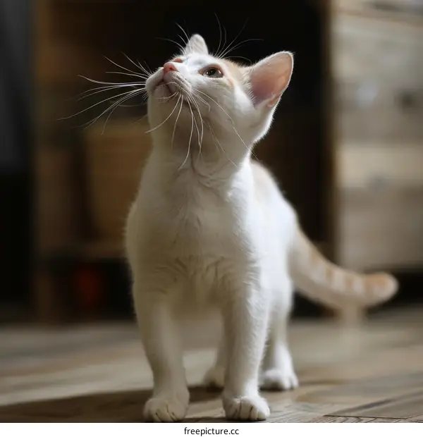 A cute ginger and white kitten standing on the floor and looking up