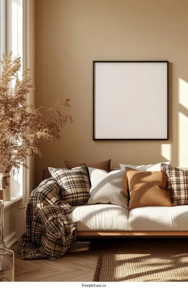 Cozy Autumn Living Room Mockup with Blank Frame