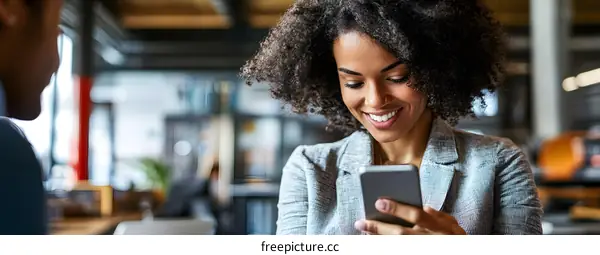 Smiling African American Woman Using Mobile Phone In Office