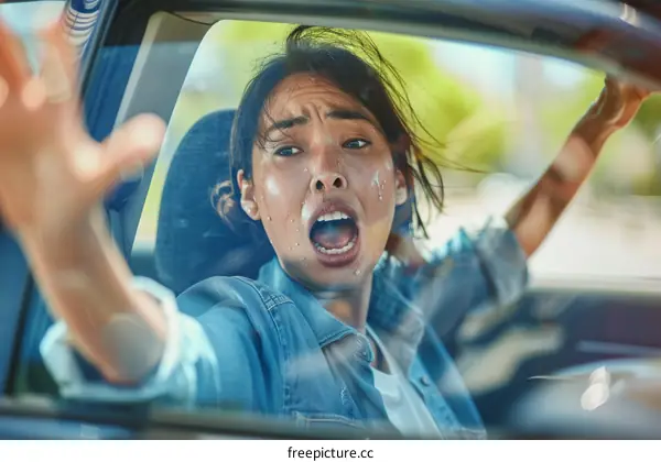 A woman screaming in a car accident