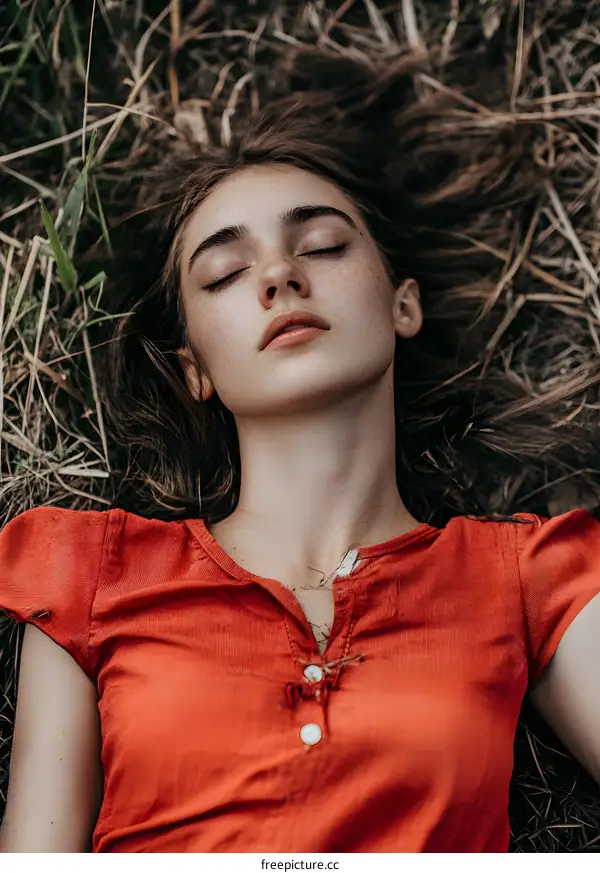 Portrait of a Beautiful Woman with Closed Eyes Lying in Grass