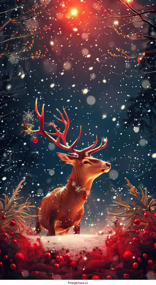 Reindeer Surrounded by Christmas Decorations in the Snow