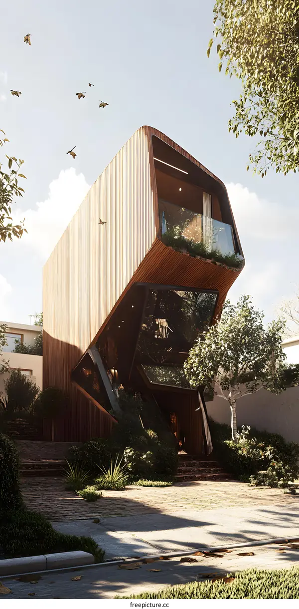 Modern Wooden House Design With Geometric Shapes and Large Windows