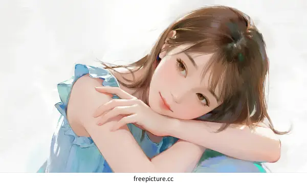 A Young Woman in Blue Ruffled Dress Leaning with Arms Crossed