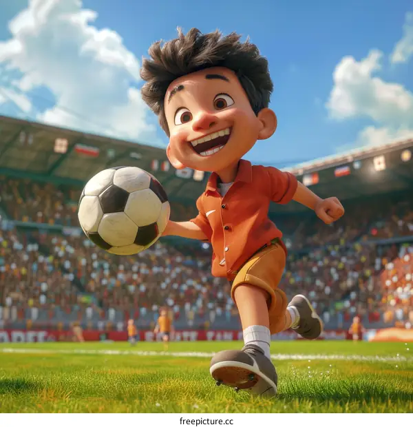 Little boy playing soccer in a stadium