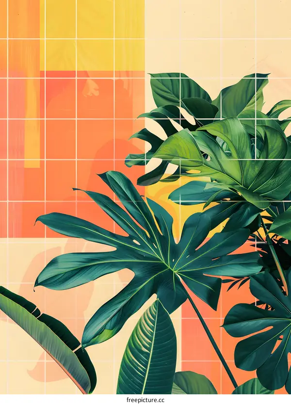 Tropical Leaves on a Tiled Wall Background