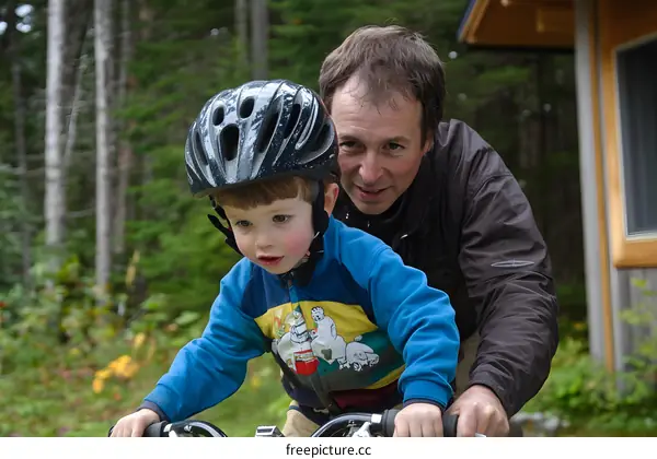 Father Helping Son Learn to Ride a Bicycle in the Forest