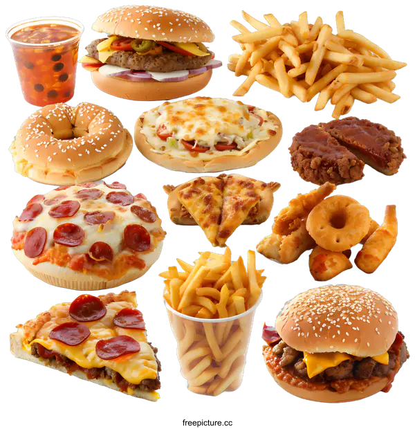 [Transparent Background PNG]Assortment of Fast Food Items on White Background