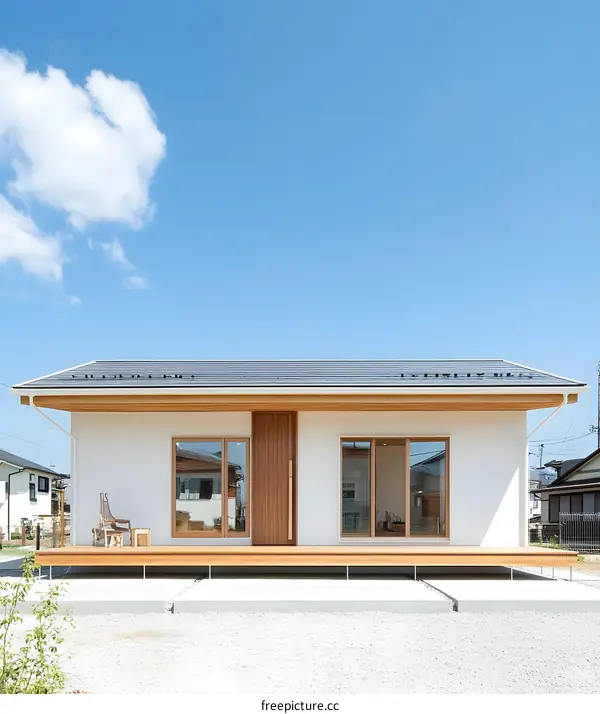 Modern Minimalist White House With Wooden Accents and Large Windows Against a Blue Sky
