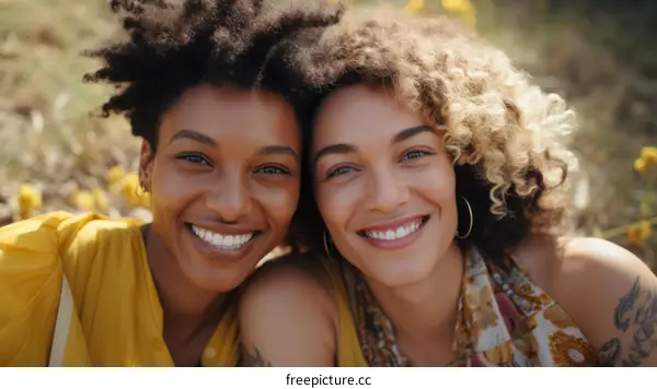 Two young multiracial women with curly hair smiling at the camera