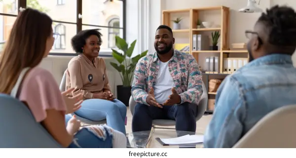 A group of people are sitting in a circle talking