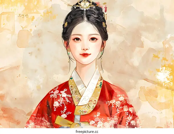 Illustration of a beautiful Korean woman in traditional dress