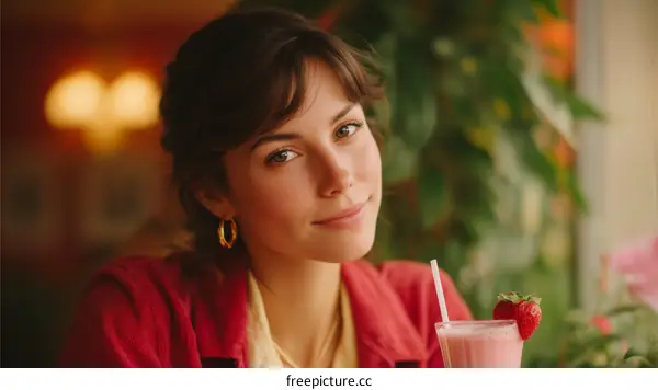 Young Woman Enjoying a Strawberry Smoothie in a Cafe