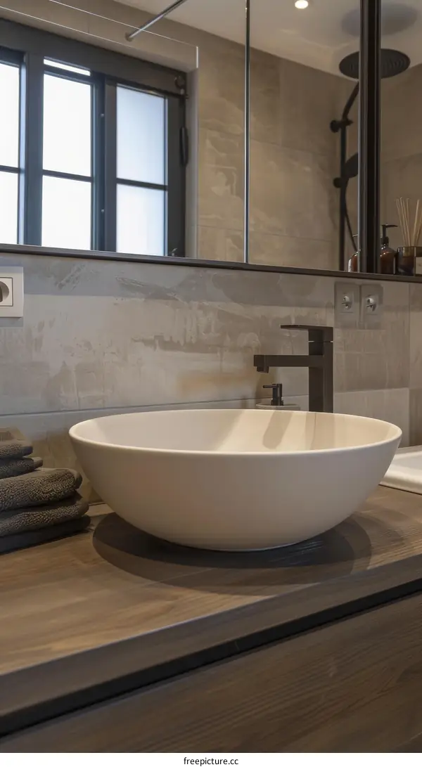 Bathroom sink with a large white vessel sink and dark wood vanity