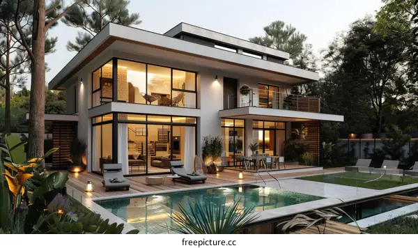 Modern House Exterior with Pool and Garden