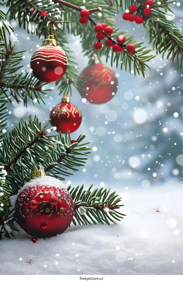 Christmas red balls and snowy landscape