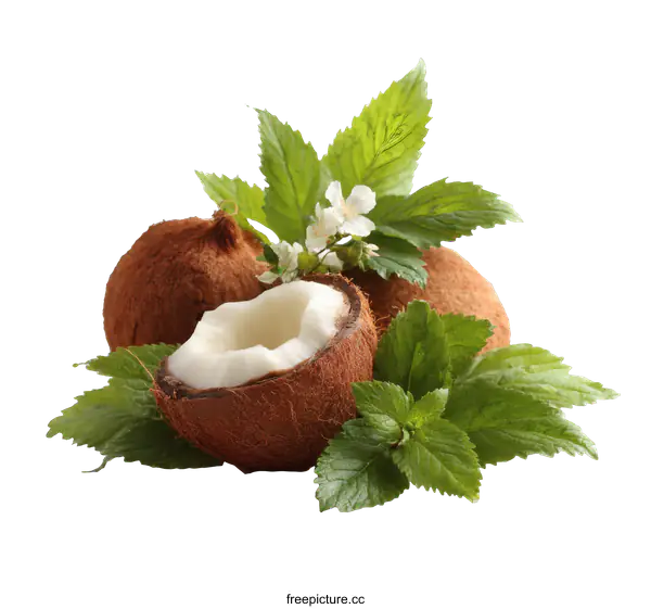 [Transparent Background PNG]Fresh Coconut with Leaves and Flowers