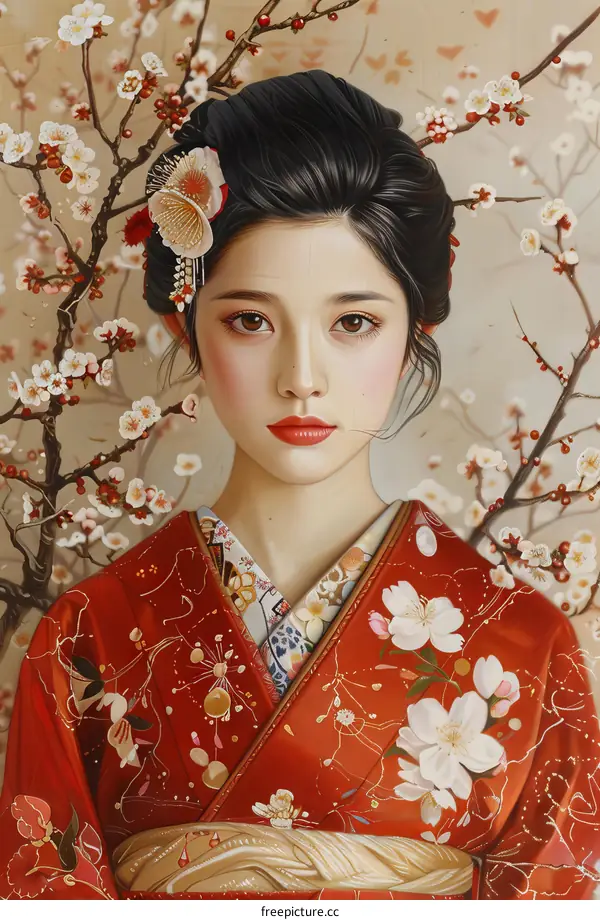 Portrait of a young woman in a red kimono with white plum blossoms