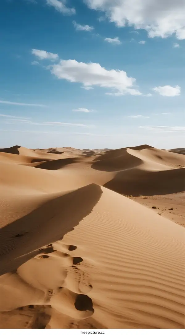 Vast golden sand dunes under clear blue sky with scattered clouds
