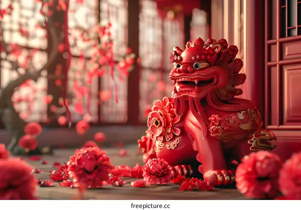 A red lion statue sits in a traditional Chinese courtyard.