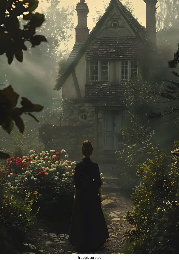 Mysterious Woman Standing in Front of a Cottage in the Fog