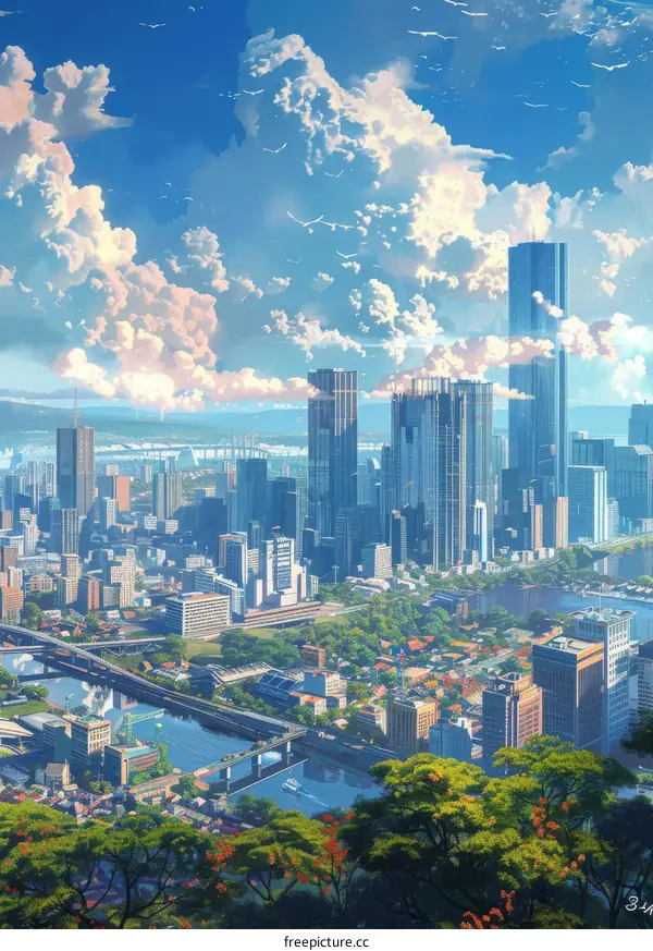 Cityscape Illustration with Beautiful Clouds