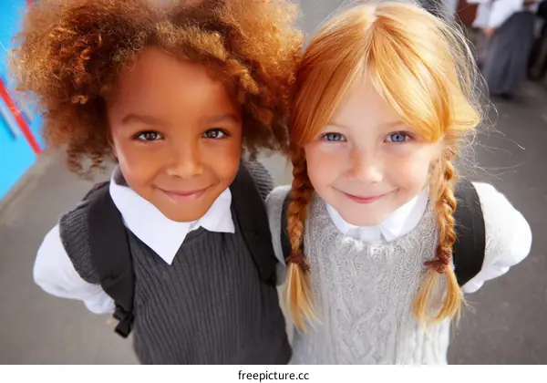 Two Children in School Uniform Smile at Camera