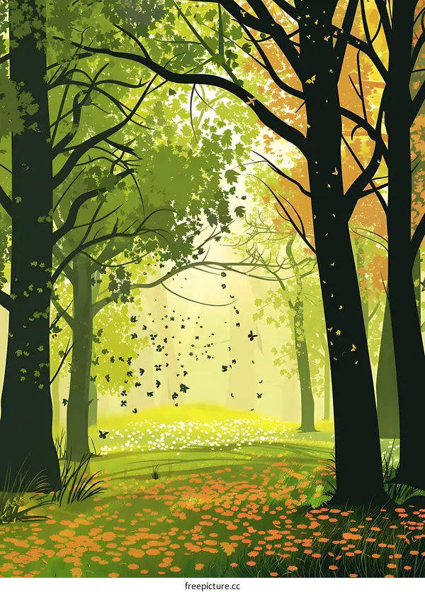 Green Forest With Sunbeams Illustration