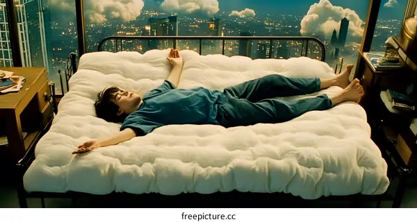 Boy Lying On Bed With Cityscape View From Window