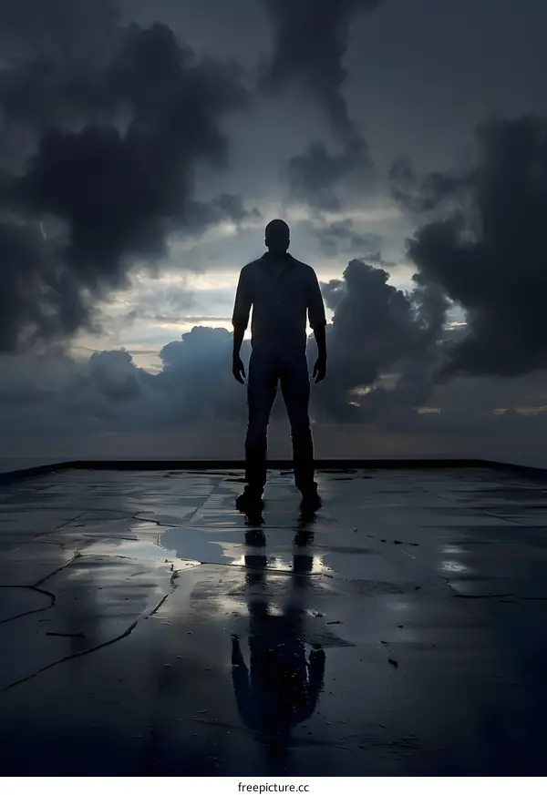 Silhouette of a Man Standing on a Rooftop with a Reflection in a Puddle