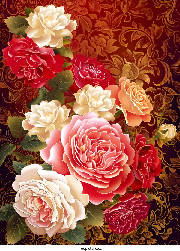 Golden Floral Background With Red White And Peach Roses