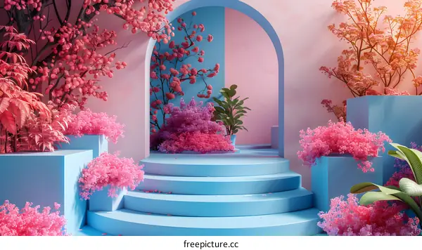 Pink cherry blossoms archway and steps