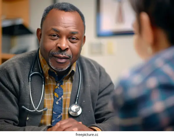 Smiling African American male doctor wearing a stethoscope around his neck