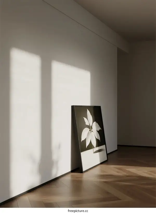 Sunlight Casting Shadows on White Wall with Floral Art