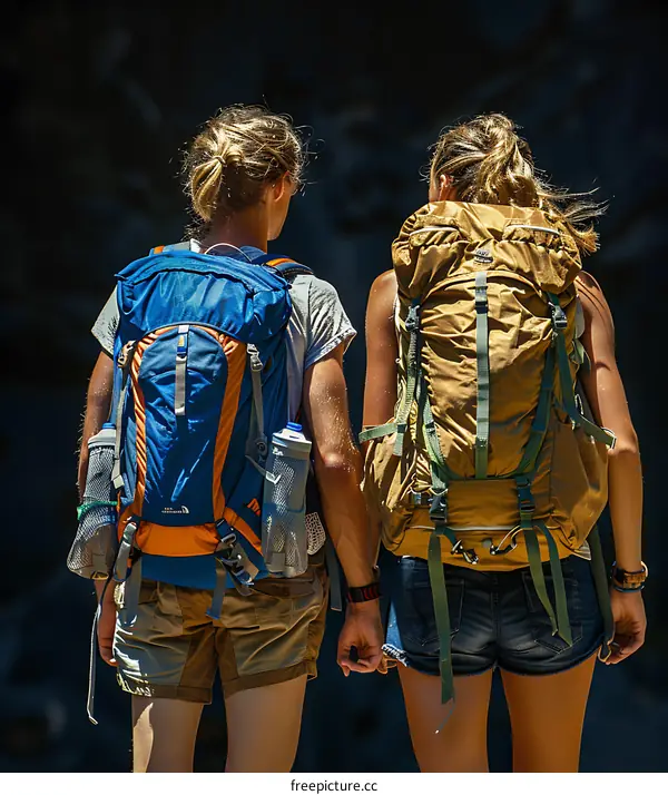 Two young adults walking through the woods