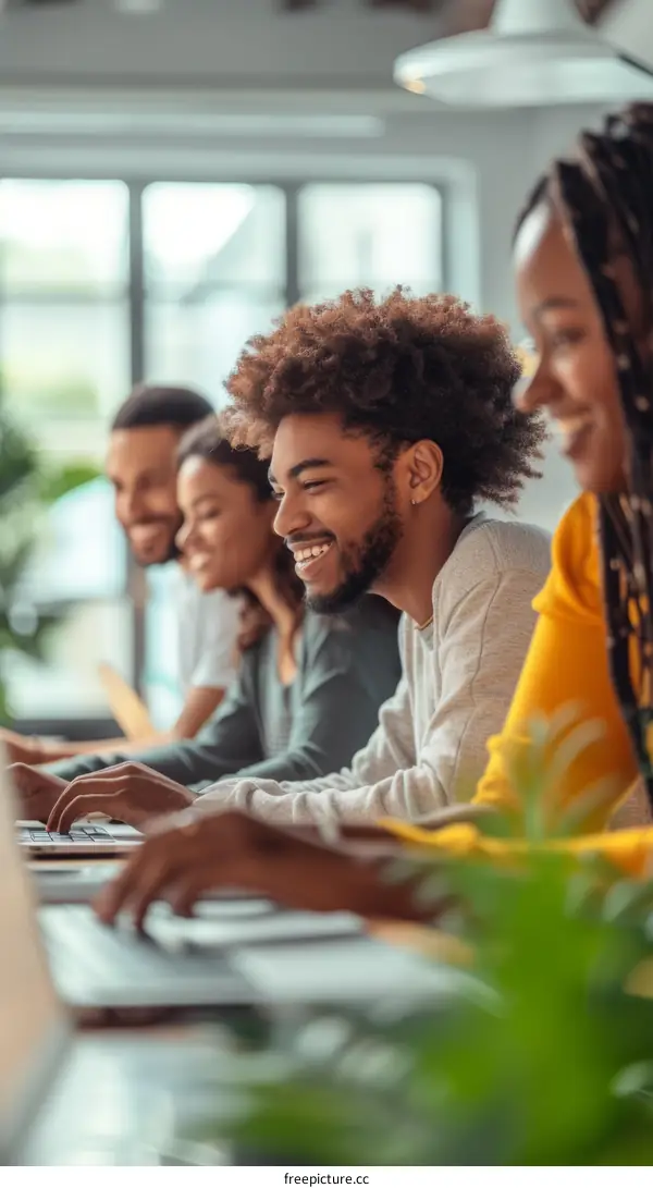 A group of young professionals working together in a modern office