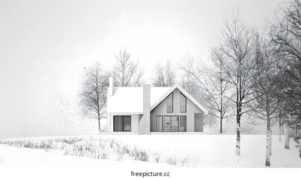 Minimalist Architectural Sketch of a House with Snow and Trees