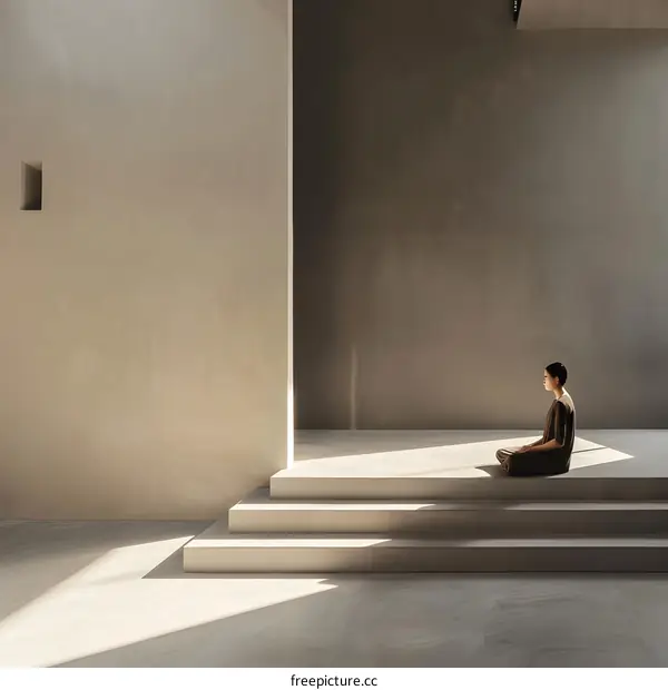 Woman Sitting on Stairs in Minimalist Interior with Natural Light